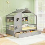 Twin Size House Bed with 2 Storage Drawers and Fence Guardrails - Image 3