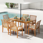 7Â Pieces AcaciaÂ WoodÂ PatioÂ DiningÂ Set withÂ 1.97 Inch Umbrella Hole and Padded Cushions - Image 2