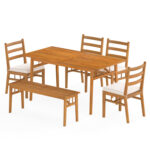 6 Pieces Patio Acacia Wood Dining Set with Bench Rectangular Table and Chairs - Image 2