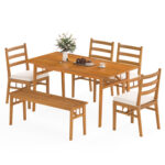 6 Pieces Patio Acacia Wood Dining Set with Bench Rectangular Table and Chairs - Image 3