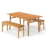 3 Pieces Patio Dining Set Acacia Wood Outdoor Rectangular Picnic Table and 2 Benches - Image 2