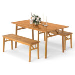 3 Pieces Patio Dining Set Acacia Wood Outdoor Rectangular Picnic Table and 2 Benches - Image 3