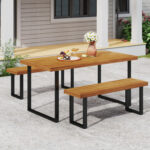 3 Pieces Patio Dining Table Set 63â€ Rectangle Table and 2 Backless Bench