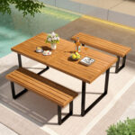 3 Pieces Patio Dining Table Set 63â€ Rectangle Table and 2 Backless Bench - Image 2