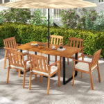 7 Pieces Patio Dining Table Set 63â€ Rectangle Table and 6 Acacia Wood Armchairs - Image 2
