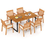 7 Pieces Patio Dining Table Set 63â€ Rectangle Table and 6 Acacia Wood Armchairs - Image 4