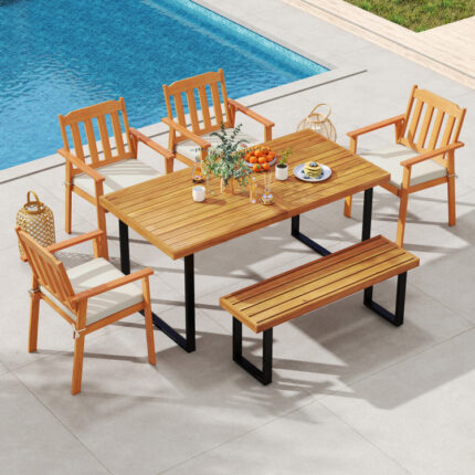 6 Pieces Patio Dining Table Set 63â€ Rectangle Table with 4 Acacia Wood Armchairs and Backless Bench