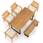 6 Pieces Patio Dining Table Set 63â€ Rectangle Table with 4 Acacia Wood Armchairs and Backless Bench - Image 2