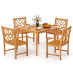 5-Pieces Patio Dining Table Set Wood Square Dining Table with 4 Chairs and Slatted Tabletop - Image 3