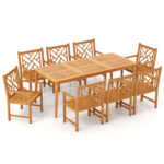 9-Pieces Patio Dining Table Set Wood Rectangular Dining Table with 8 Chairs and Slatted Tabletop - Image 4