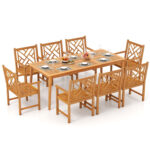 9-Pieces Patio Dining Table Set Wood Rectangular Dining Table with 8 Chairs and Slatted Tabletop - Image 3