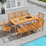 9-Pieces Patio Dining Table Set Wood Rectangular Dining Table with 8 Chairs and Slatted Tabletop - Image 2