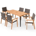7-Pieces Patio Dining Table Set Acacia Wood Table and 6 Armchairs - Image 3