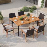 7-Pieces Patio Dining Table Set Acacia Wood Table and 6 Armchairs - Image 2