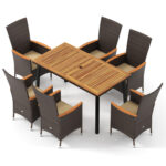 Outdoor Dining Set for 6 Patio Wicker Armchairs and Acacia Wood Table - Image 3