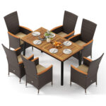 Outdoor Dining Set for 6 Patio Wicker Armchairs and Acacia Wood Table - Image 4