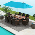 11 Pieces Patio Dining Set 15ft Double-Sided Patio Umbrella (Base Included) and Outdoor Rattan Furniture Set with 8 Stackable Chairs - Image 2