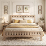 Wood Bed Frame with Upholstered Headboard Mid Century Style - Image 2