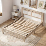 Wood Bed Frame with Upholstered Headboard Mid Century Style - Image 3