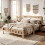 Wood Bed Frame with Upholstered Headboard Mid Century Style - Image 5