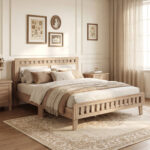 Wood Bed Frame with Upholstered Headboard Mid Century Style - Image 6