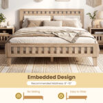 Wood Bed Frame with Upholstered Headboard Mid Century Style - Image 10