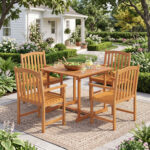 5-Piece Outdoor Square Patio Dining Set for 4 with Acacia Table & Armchairs - Image 2