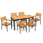 7-Piece Outdoor Dining Set for 6 with Acacia Table & Armchairs and Umbrella Hole - Image 3