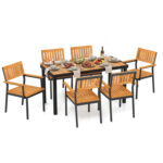 7-Piece Outdoor Dining Set for 6 with Acacia Table & Armchairs and Umbrella Hole - Image 4