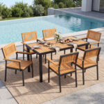 7-Piece Outdoor Dining Set for 6 with Acacia Table & Armchairs and Umbrella Hole