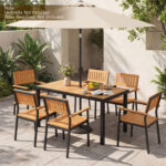 7-Piece Outdoor Dining Set for 6 with Acacia Table & Armchairs and Umbrella Hole - Image 2