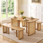 55â€ Solid Rubber Wood Dining Table Set Boho Rectangular Dining Table with 2 Benches - Image 2