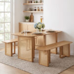 55â€ Solid Rubber Wood Dining Table Set Boho Rectangular Dining Table with 2 Benches - Image 3