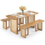 55â€ Solid Rubber Wood Dining Table Set Boho Rectangular Dining Table with 2 Benches